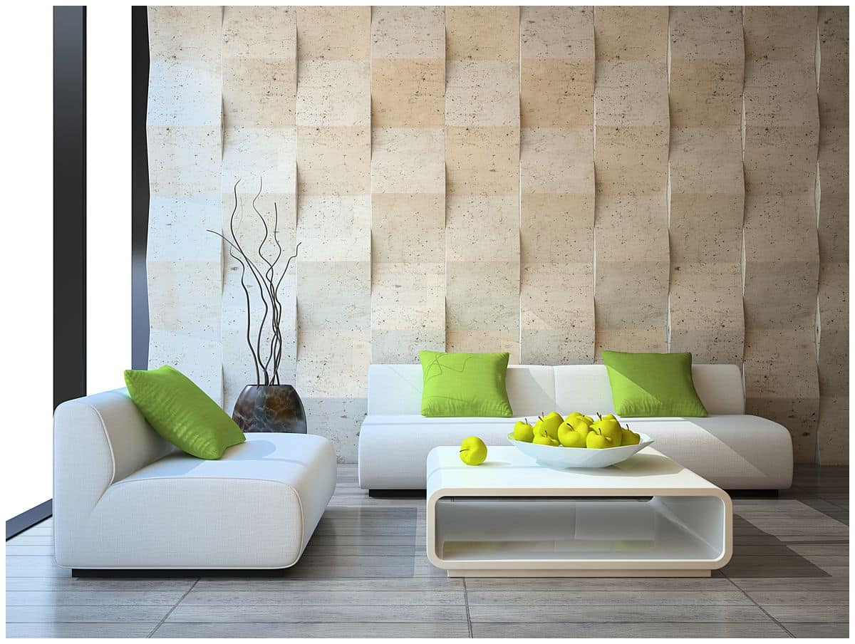 living room set in front of 3d wall panels